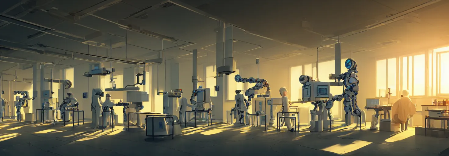 Image similar to brightly sunlit organic chemistry laboratory with the latest modern equipment staffed by one dysfunctional dilapidated multiarmed bipedal robot, science fiction industrial hard science concept art, 8K render octane high definition cgsociety