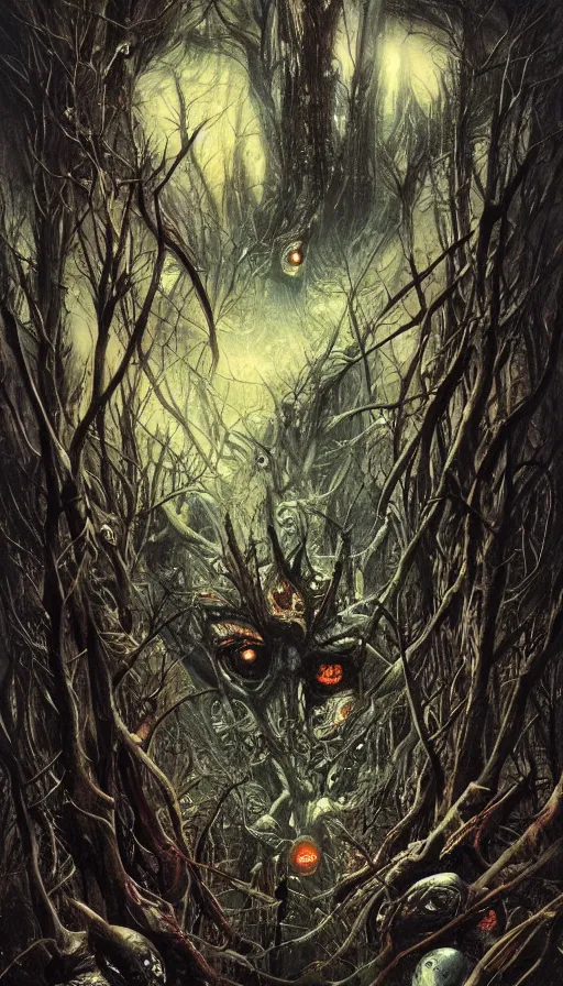 Prompt: a storm vortex made of many demonic eyes and teeth over a forest, by karol bak