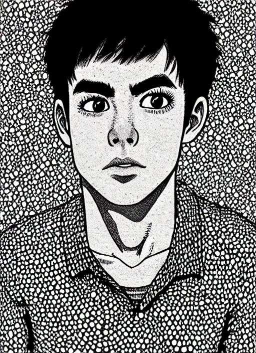 Image similar to portrait of teenage archie andrews, freckles, curly bangs, intricate, highly detailed, illustration, art by junji ito, junji ito