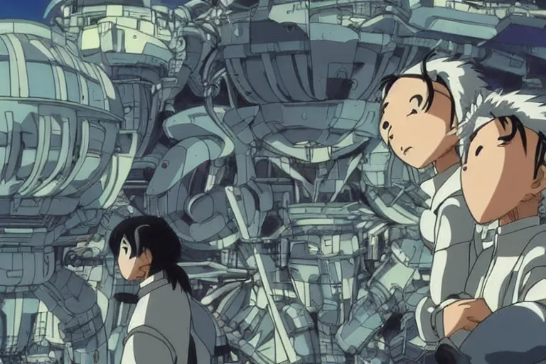 Image similar to still from anime sci-fi movie by Studio Ghibli, illustrations by Hayao Miyazaki, by Masamune Shirow