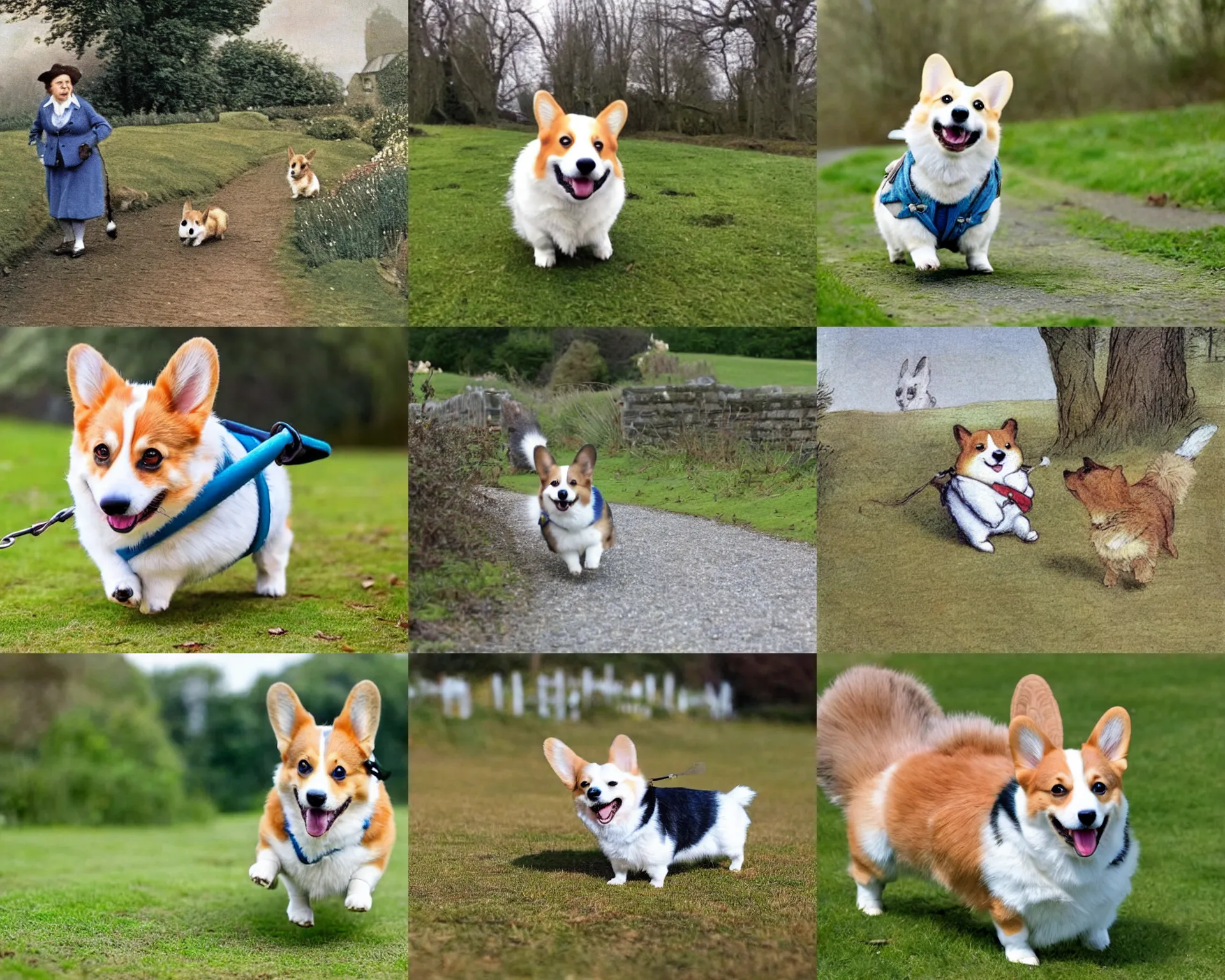 Prompt: A happy corgi going for a walk Beatrix Potter