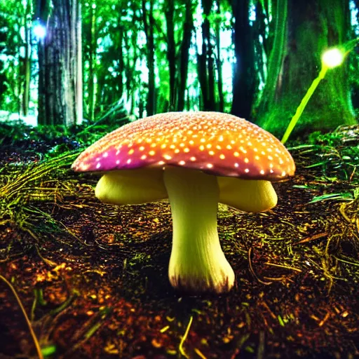 Image similar to macro photo of luminous fairy mushroom in magic forest