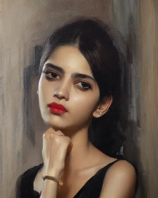 Image similar to beautiful portrait painting an gorgeous delhi girl wearing a little black dress, oil painting, art by ruan jia