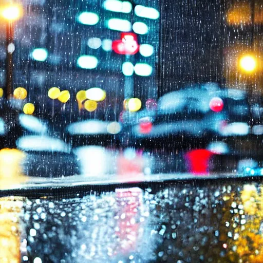 Prompt: zoomed in iphone photo rainy night in the city, reflections, car lights