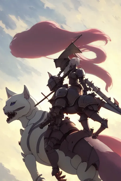 Image similar to a full body of the female knight riding a heavy armored giant cat, finely detailed features, closeup at the faces, perfect art, gapmoe yandere grimdark, trending on pixiv fanbox, painted by greg rutkowski makoto shinkai takashi takeuchi studio ghibli, akihiko yoshida