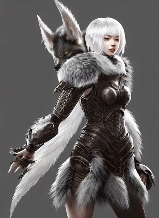 Image similar to warrior, fur - lined wolf armor!!! beautiful and elegant white hair female!! monster hunter!! character concept art, sharp focus, octane render! unreal engine 5! highly rendered!! trending on artstation!! detailed linework!! illustration by artgerm, wlop, and chie yoshii