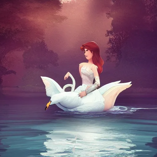 Image similar to a princess riding a giant swan in the lake, trending on artstation