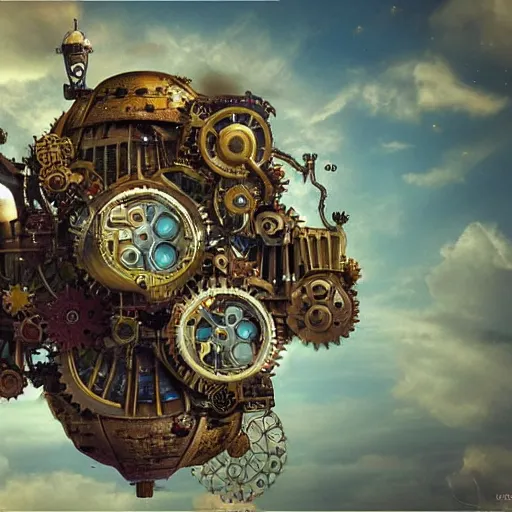 Image similar to flying city in a mechanical flower, sky, steampunk, fantasy art, steampunk, masterpiece, octane