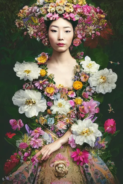 Image similar to a beautiful portrait of an empress in her garden, with a brilliant, impossible striking big flower headpiece, clothes entirely made out of flowers, symmetrical, closeup, dramatic studio lighting, rococo, baroque, jewels, asian, hyperrealism, D&D, fantasy, intricate, elegant, highly detailed, digital painting, artstation, octane render, 8k, concept art, matte, sharp focus, illustration, art by Artgerm and Greg Rutkowski and Alphonse Mucha