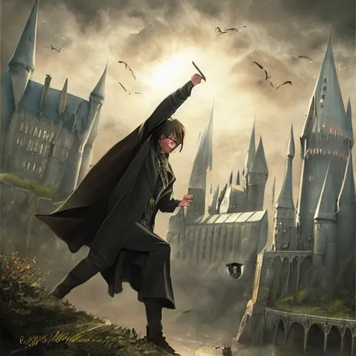 Image similar to a brilliant pig looking like harry potter, fighting against voldemort with magic in front of hogwarts, fantasy art, illustration, amazing detail, in the style of greg rutkowski, artgerm, cgsociety