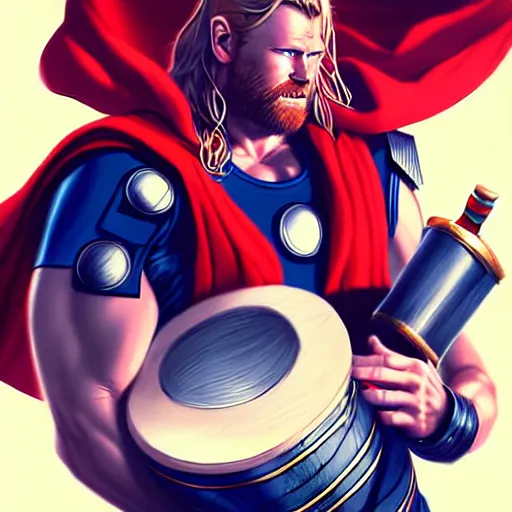 Image similar to thor playing the bongos, comic style by guweiz and stanley artgerm, extremely high quality artwork, very detailed, trending on artstation