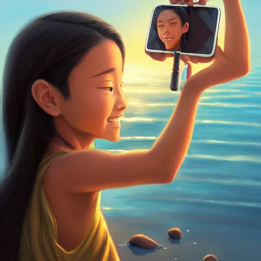 Image similar to beautiful serene intricate portrait of katara and toph beifong taking a selfie, smiling softly, relaxing on the beach, golden hour, soft focus, 8 k, art by irakli nadar, hyperrealism, hyperdetailed, ultra realistic