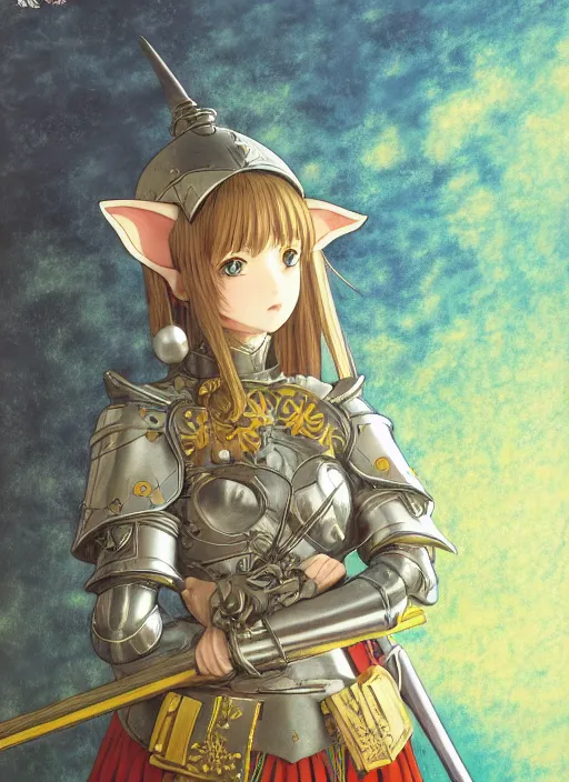 Prompt: female knight with elf ears guarding a fortress, Kyoto animation,last exile, blue submarine no. 6, gustav klimt,loish, murata range, kawaii, yoshitaka amano, studio lighting, manga, bright colors, beautiful,35mm lens, vibrant high contrast, mucha, gradation, jean giraud, fantasy