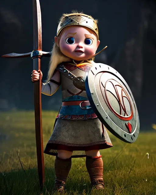 Image similar to an adorable toy of a viking girl with her shield raised to defend, pixar style, authentic viking armor, historically accurate, clean detail, symmetrical, octane render, studio lighting