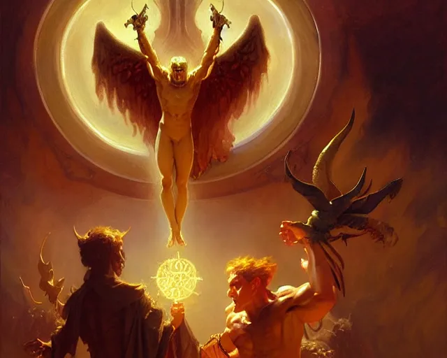 Image similar to attractive demonic male deity, casting magic, summoning handsome lucifer morning star. highly detailed painting by gaston bussiere, craig mullins, j. c. leyendecker 8 k