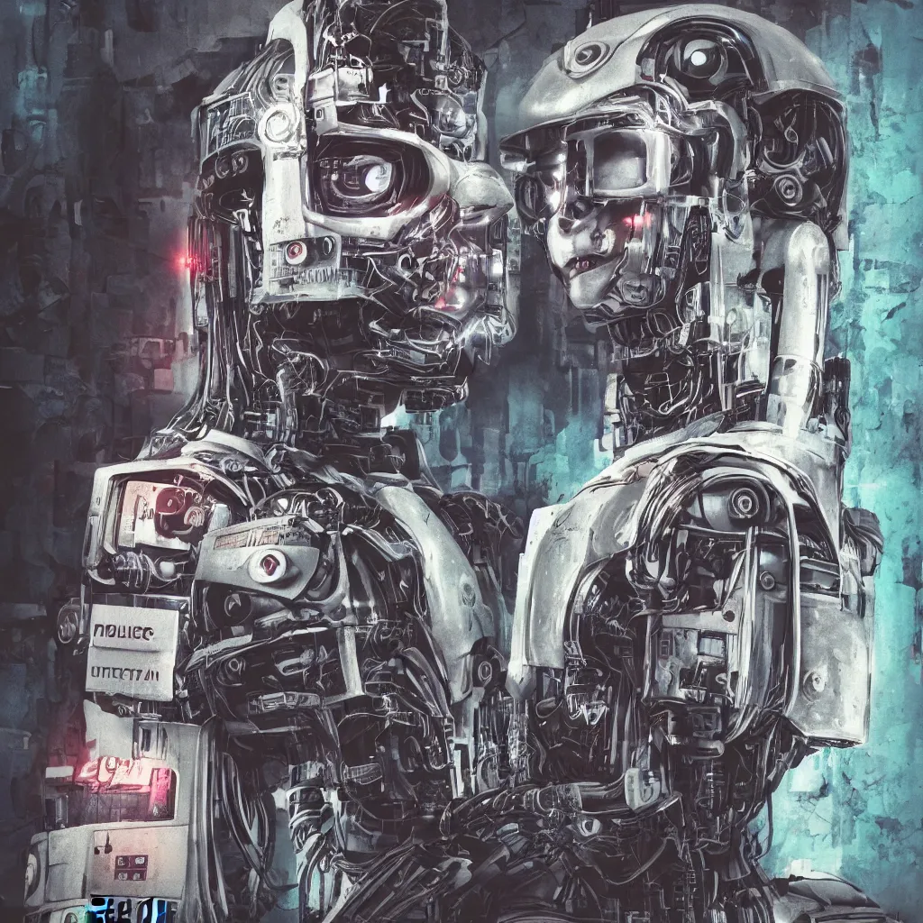 Image similar to digital art Cyberpunk Robot police Mugshot, CineStill 800T Film