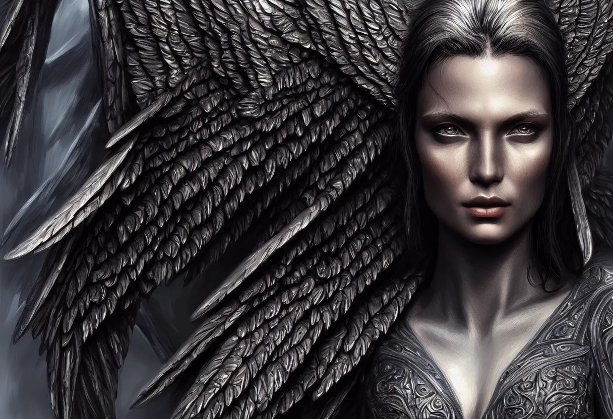 Image similar to detailed portrait of a big dark angel spread wings, diffuse lighting, scifi fantasy, intricate, highly detailed, lifelike, photorealistic, digital painting, artstation, illustration, concept art, smooth, sharp focus,
