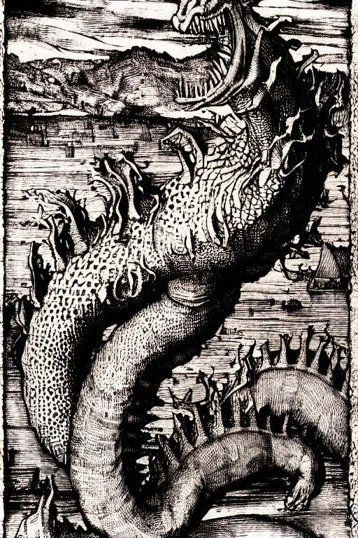 Prompt: ogopogo monster of the apocalypse, pen and ink illustration / renaissance woodcut by albrecht durer 1 4 9 6, 1 2 0 0 dpi scan, ultrasharp detail, hq scan, intricate details, stylized border