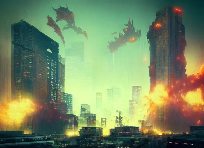 Image similar to seattle being attacked by a giant herculean demon, by beeple and maciej kuciara and greg rutkowski