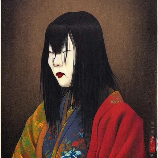 Image similar to portrait of takaonna yokai, misty night, beautiful! coherent! by brom! deep colors, strong lines, high contrast