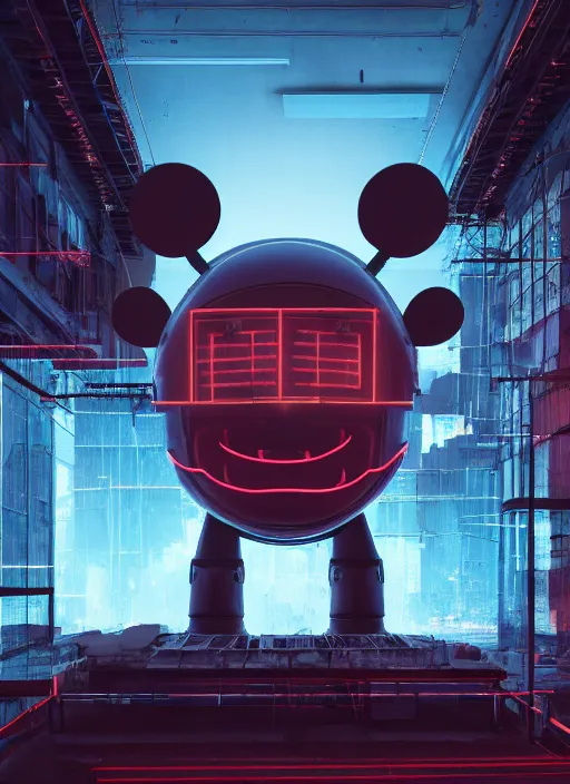 Image similar to people building giant head of a robot mickey mouse inside of abandoned netflix office, cyberpunk, by beeple, dystopia, golden ratio, octane render, redshift, trending on artstation, 8 k