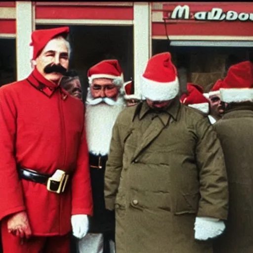 Image similar to stalin standing outside mcdonalds, dressed as santa, color historical photo