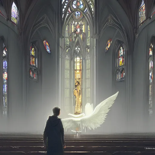 Image similar to angel protecting man who is praying inside a gothic church by Stanley Artgerm Lau, WLOP, Rossdraws, James Jean, Andrei Riabovitchev, Marc Simonetti, Yoshitaka Amano, ArtStation, CGSociety