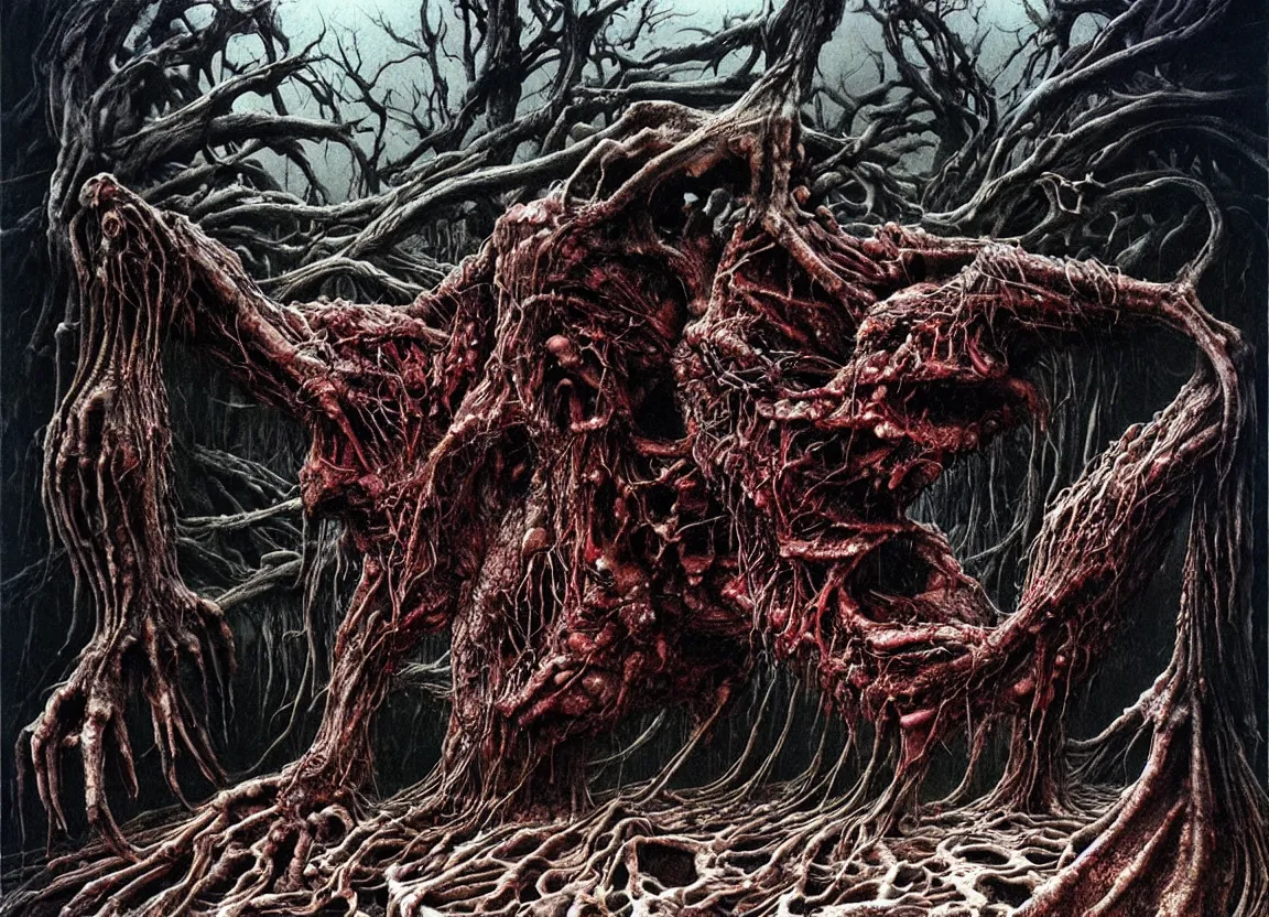 Image similar to Giant fanged limb monster walks in the road. Drops of blood and meat with veins. There are dead bodies on the road. Dark colors, high detail, hyperrealism, horror art, intricate details, masterpiece, biopunk, body-horror, art by Ayami Kojima, Beksinski, Giger