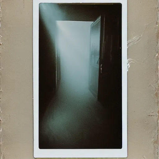 Prompt: you are lost in the backrooms, ghost, polaroid, laminal space, foggy