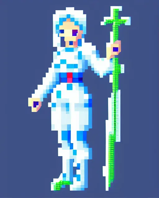 Image similar to a pixel single sprite of a girl holding a blue sword, in white futuristic armor, black background, pixel art, isometric view, 1 6 px x 1 6 px, 2 d game art, 1 6 bit, dynamic pose, # pixelart