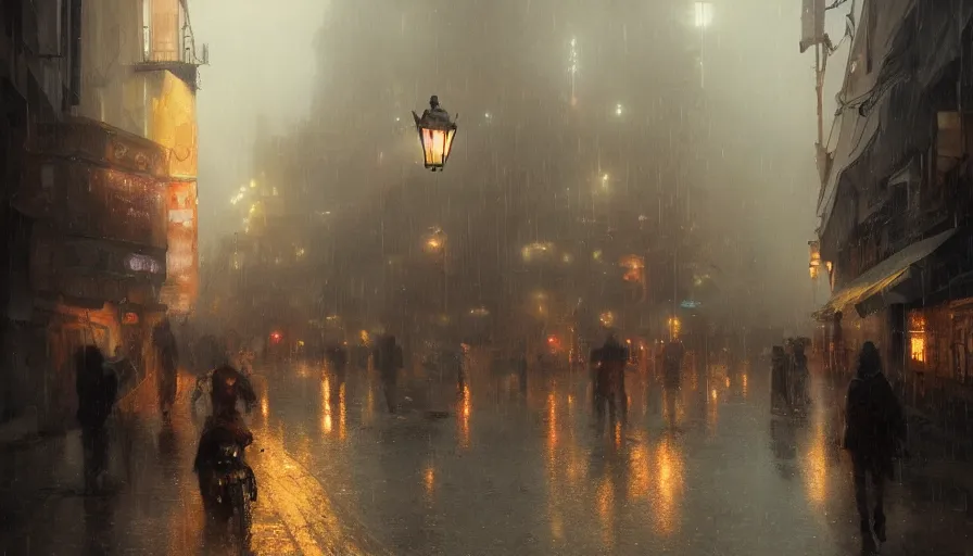 Image similar to city street in early xx century in early evening by street lights during rain, shadows, reflections, epic composition, intricate, elegant, volumetric lighting, digital painting, highly detailed, artstation, sharp focus, illustration, concept art, ruan jia, steve mccurry
