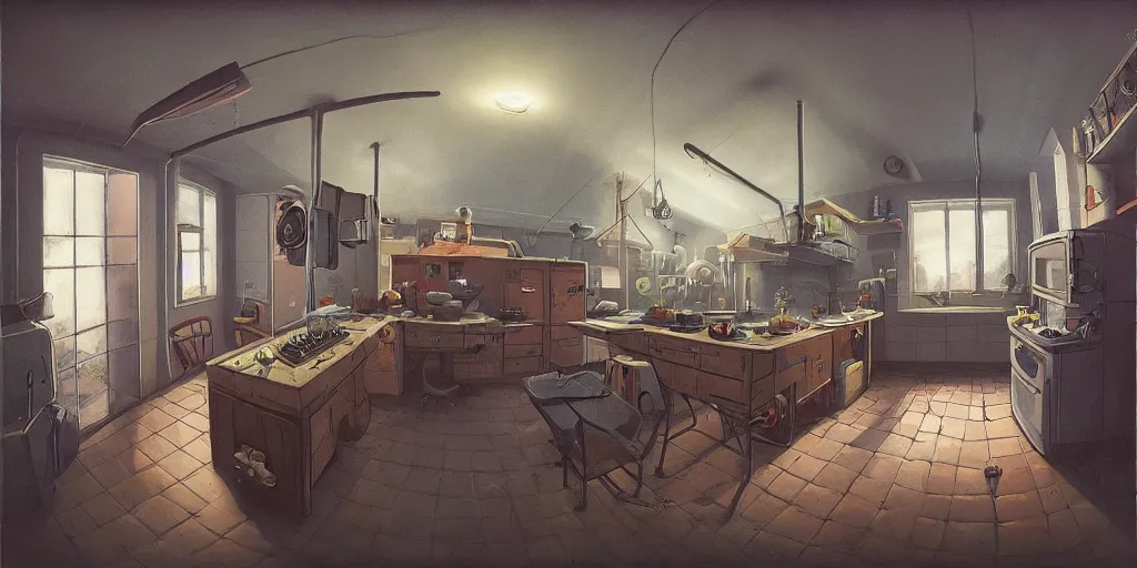 Prompt: minimalistic kitchen dim lit by a candle simon stalenhag gerald brom, fisheye camera, extreme perspective