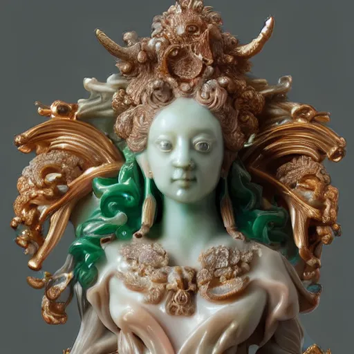 Image similar to a closeup photo, rococo alabaster and jade real delicate ceramic porcelain sculpture of an ornate detailed phoenix goddess in front of an intricate background by rafael, micro detail, backlit lighting, subsurface scattering, translucent, thin porcelain, emerald, jade, octane renderer, colorful, physically based rendering, trending on cgsociety