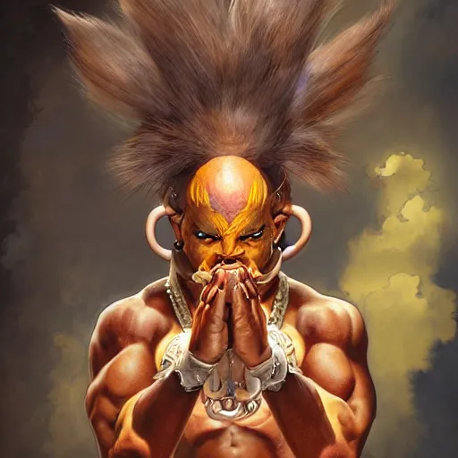 Image similar to a chinchilla as dhalsim from street fighter, 4 k, ultra realistic, detailed focused art by artgerm and greg rutkowski and alphonse mucha