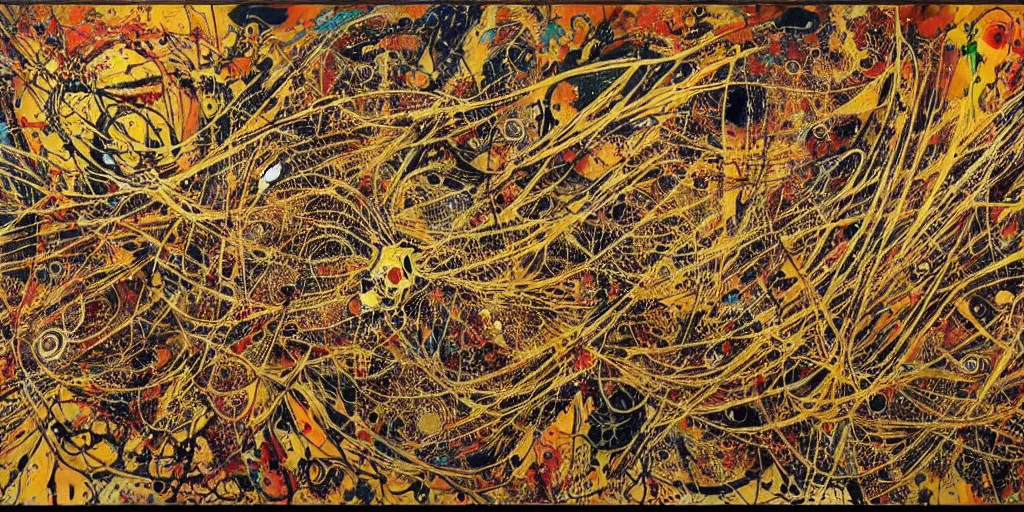 Image similar to an intricate and complex abstract painting with a lot of stains, golden threads, brown holes, surreal style, colorful, hyper detailed, jackson pollock,