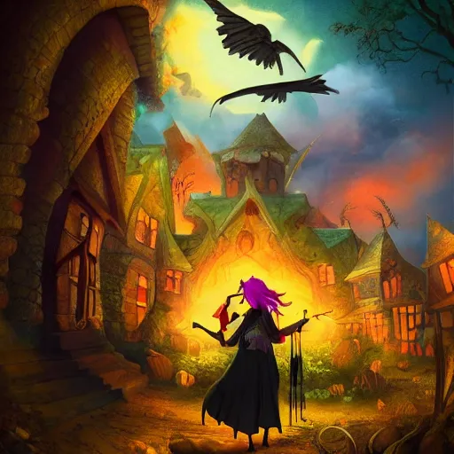 Prompt: beautiful witch casting a powerful spell on a village, beautiful composition, wide angle, colorful, cinematic, volumetric lighting, intricate details painting