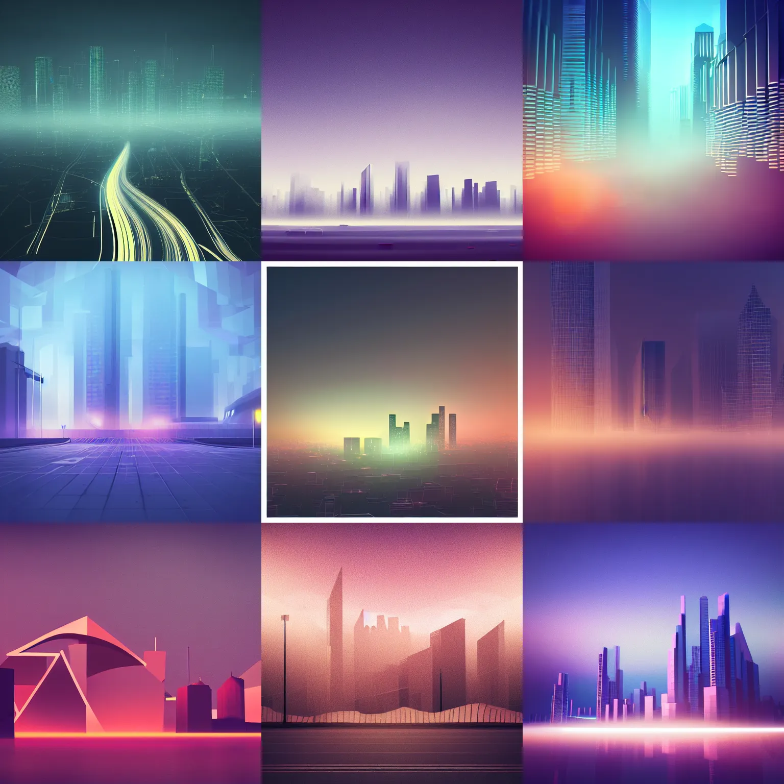 Prompt: geometric futuristic cityscape, night lights, seashore, 3d minimalistic, distant, volumetric fog, digital art