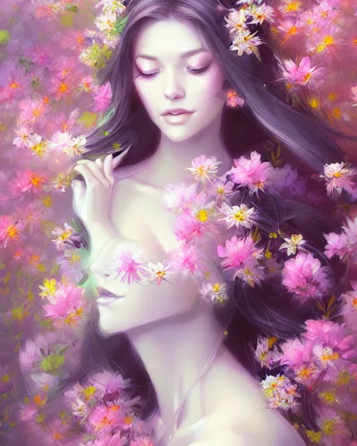 Prompt: a painting of a beautiful woman surrounded by flowers, an ultrafine detailed painting by ross tran, featured on deviantart, fantasy art, detailed painting, deviantart, anime