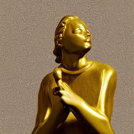 Image similar to a golden statue begging for something while holding a cane, realistic, detailed