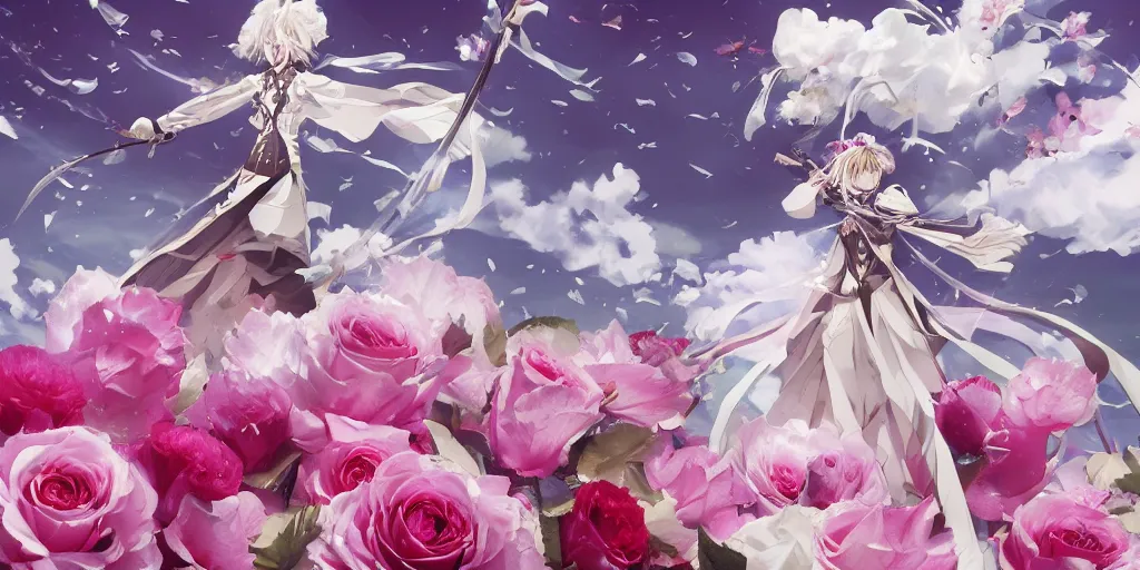 Image similar to floating flying longswords slicing through a bouquet of white and pink roses, flowers exploding and spraying, big puffy clouds, sharp rain, large rose petals, lotus petals, large polygonal background elements, large polygons, dramatic anime, dramatic lighting, artgerm, manga, trending on artstation, art nouveau, mature colors