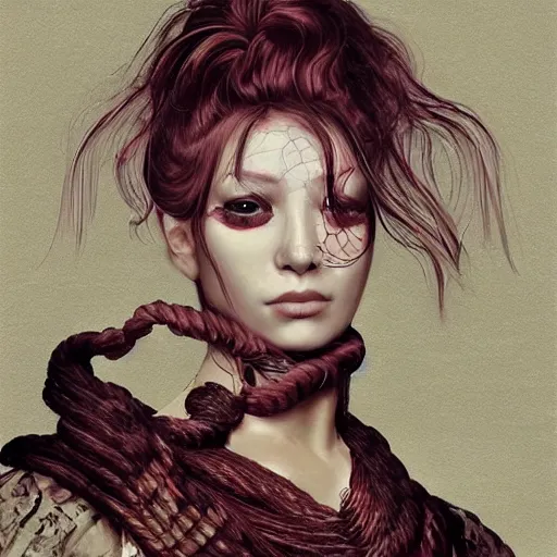 Image similar to portrait of a Shibari rope wrapped face and neck, headshot, insanely nice professional hair style, dramatic hair color, digital painting, of a old 17th century, old cyborg merchant, amber jewels, baroque, ornate clothing, scifi, realistic, hyperdetailed, chiaroscuro, concept art, art by Franz Hals and Jon Foster and Ayami Kojima and Amano and Karol Bak,