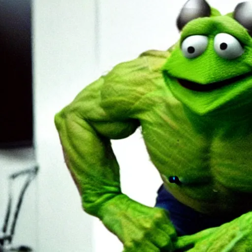 Prompt: photo of Kermit the frog as hulk in averngers movie