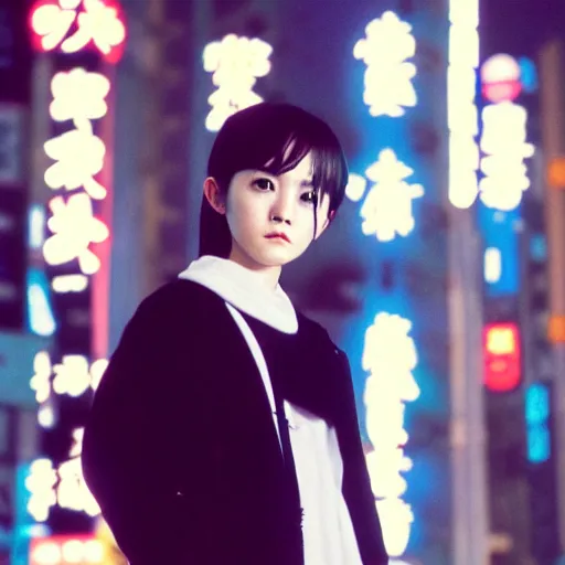 Image similar to japanese version of emma watson, in tokyo at night, film still, cinestill 8 0 0,