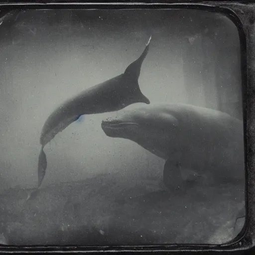 Image similar to underwater tintype photo of whale eating a mermaid