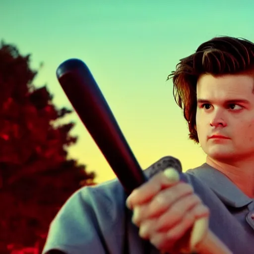 Image similar to steve harrington holding a baseball bat, looking off into the sunset, synthwave style.