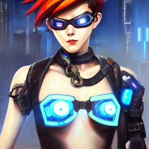 Image similar to oil painting of cyberpunk tracer overwatch in a field wearing very large black leather belt choker collar around neck, in style of mark arian, expressive face, very detailed face, very detailed eyes, full body, feminine face, detailed makeup on eyes, tracer overwatch,