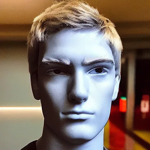 Image similar to “a realistic detailed photo of a guy who is an attractive humanoid who is half robot and half humanoid, who is a male android, twitch streamer and youtuber Ninja Tyler Blevins, shiny skin, posing like a statue, blank stare”