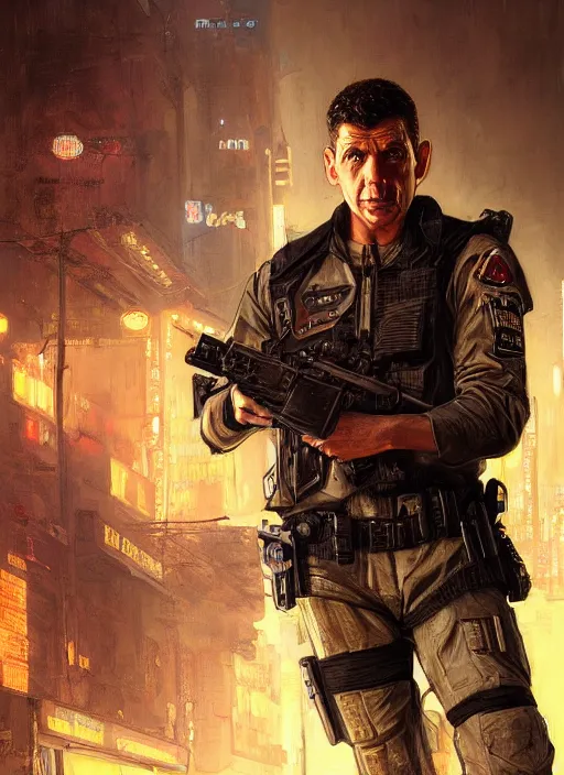 Image similar to andy griffith. cyberpunk police trooper in a military vest ( blade runner 2 0 4 9, cyberpunk 2 0 7 7 ). orientalist portrait by john william waterhouse and james gurney and theodore ralli and nasreddine dinet, oil on canvas. cinematic, hyper realism, realistic proportions, dramatic lighting, high detail 4 k