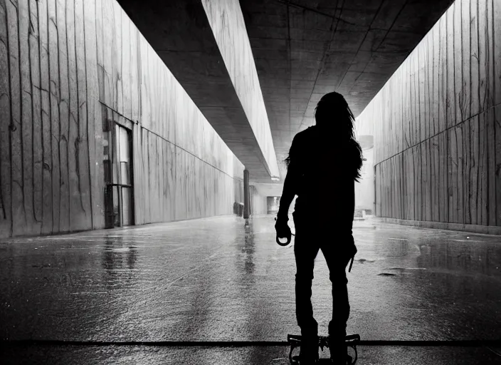 Prompt: a silhouetted person with long, flowing hair skateboards through an empty brutalist city in the rain, colored gel lighting, reflective surfaces, midnight, portra, film grain, high contrast, hyperdetailed, chromatic aberration, reminiscent of blade runner, dynamic pose