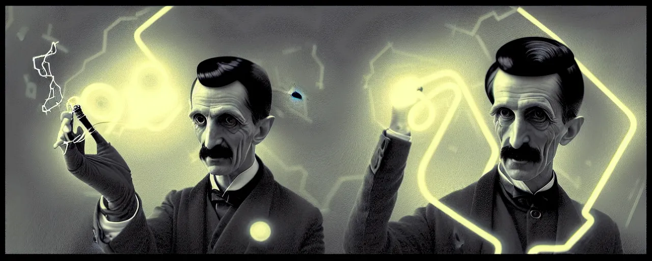 Image similar to duotone dark scifi illustration 3 / 4 portrait of nikola tesla with conducting eletricity experiments with tesla coils. cinematic lighting. golden ratio accidental renaissance. by sachin teng and sergey kolesov and ruan jia and heng z. graffiti art, scifi, fantasy, hyper detailed. octane render. concept art. trending on artstation